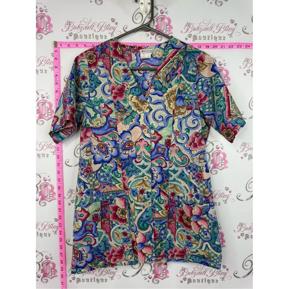 Barco Uniforms button up scrubs Multicolor Floral Scroll Print Scrub Top